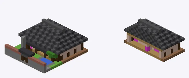 Exterior and cutaway of Showa-era tiled-roof house with garden