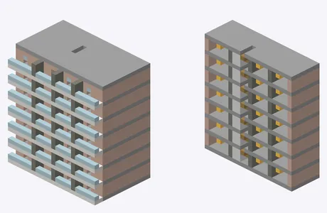Exterior and cutaway of Seven-storey mansion block