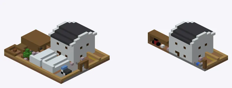 Exterior and cutaway of Farmstead yard: kura, sheds and greenhouses