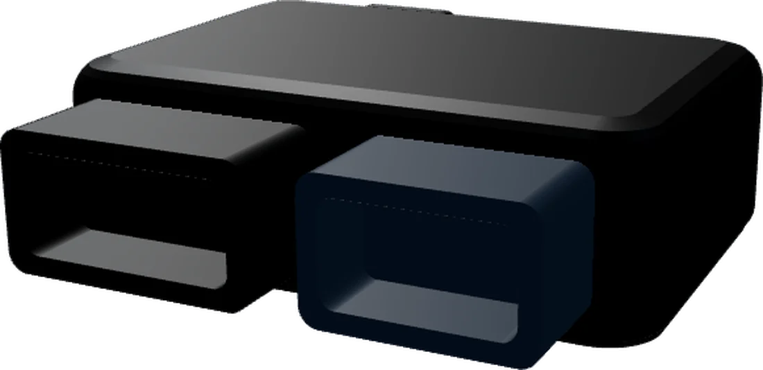 Engineering render of the Ward vehicle adapter: a compact module with two automotive connector ends.