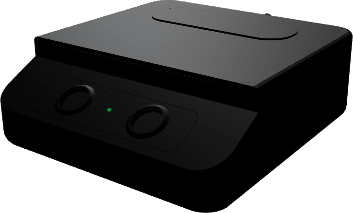 Engineering render of the Ward windshield unit: a rounded low-profile housing with two road-facing camera apertures and a status light on the front face, and a mounting pad on top.