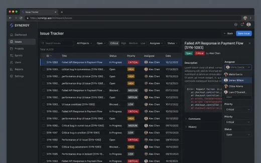 A dark issue tracker with a stack trace open and an assignee being picked for the failing flow.