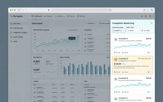 A feed of competitor cards with price sparklines, one flagged for a detected price drop.